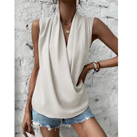 Draped Sleeveless Surplice V-Neck Blouse Top White - Picture 2 of 8